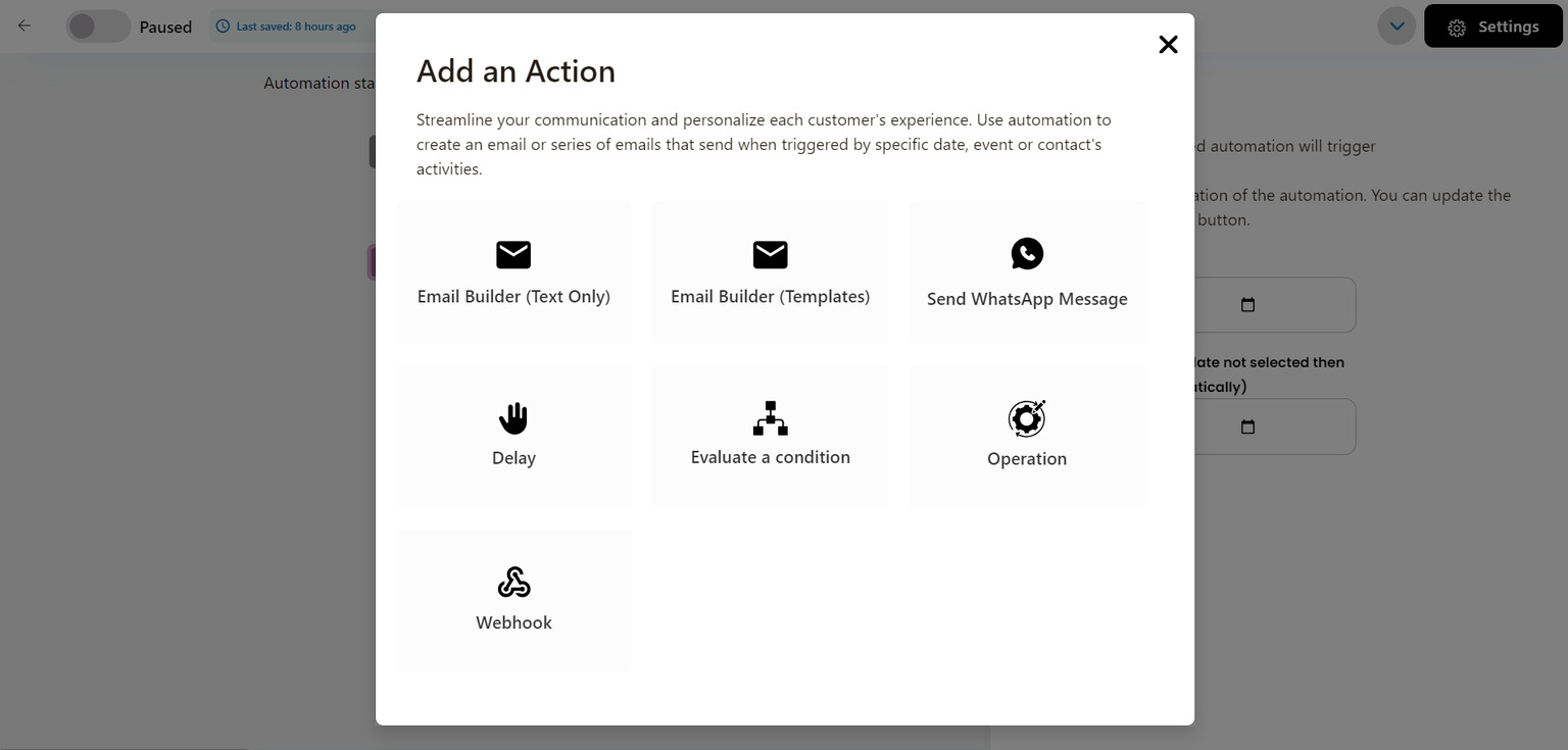 Visual workflow builder interface with automation flows